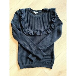 Minnie Rose Black Ruffle Pointelle Ribbed Knit Sweater Womens Small Crew Neck